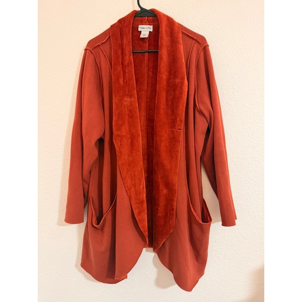 Soft Surroundings Burnt Orange Faux Fur Collar Open Front Cardigan 1X Lagenlook